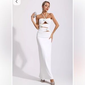 Floral cutout halter maxi dress white; bridal bachelorette